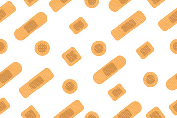 Seamless pattern with realistic medical plaster of various shapes. Repeatable background with different elastic band aids. First aid bandages. Flat vector cartoon illustration