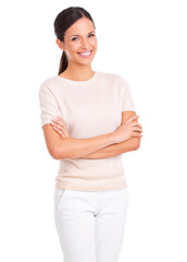 Shes everybodys woman. Studio shot of a casually dressed young woman isolated on white.