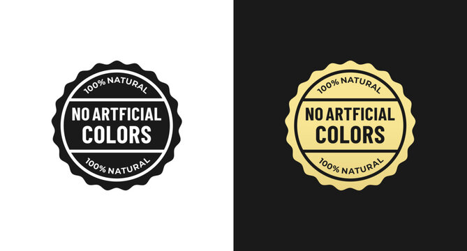 Elegant No artificial colors label or No artificial colors stamp vector in flat style. Labels or logos without added dyes for natural healthy products. Stamp without artificial coloring.