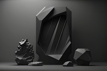 Mockup for podium exhibition or showcase with a minimalistic black geometric Stone and Rock form background. Generative AI
