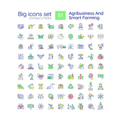 Agribusiness and smart farming RGB color icons set. Agriculture technologies. E-agriculture. Process automation. Isolated vector illustrations. Simple filled line drawings collection. Editable stroke