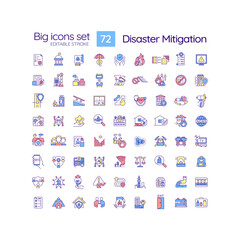 Fototapeta na wymiar Disaster mitigation RGB color icons set. Risk management. Damage prevention. Strategy and planning. Isolated vector illustrations. Simple filled line drawings collection. Editable stroke