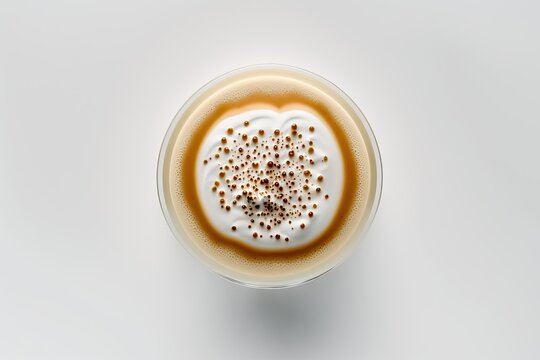 top view of a cup of cold latte on white backdrop,. Generative AI
