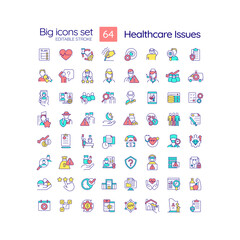 Fototapeta na wymiar Healthcare issues RGB color icons set. Medical error and negligence. Healthcare clinic. Treatment challenge. Isolated vector illustrations. Simple filled line drawings collection. Editable stroke