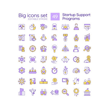 Startup support programs RGB color icons set. Financial support for organization. Investments. Business plan. Isolated vector illustrations. Simple filled line drawings collection. Editable stroke