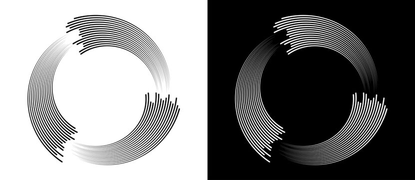 Circles with parallel lines and spiral perspective. A white circle on a black background and the same illustration with inverted colors.