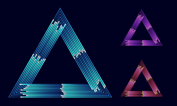 Triangles with parallel lines and gradient. Blue, purple and red colors over black background.