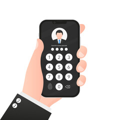 Male hand holding mobile phone. Entering the PIN code on the digital keyboard of the smartphone's touch screen. Fingerprint, cyber security. Touch id. Face id. Vector illustration