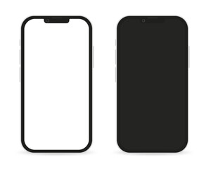 Isolated blank mobile phone mockup. Silver phone on a dark background. Silver phone on a white background. A good phone layout for any purpose presentations or mockups. Vector illustration