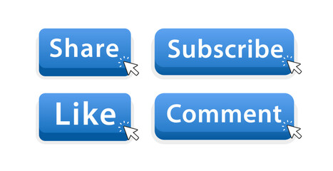 Like, Comment, Share and Subscribe. Button Icon Set for Channel Subscription. The mouse cursor that clicks on the button. Web button for social networks and websites. Vector illustration