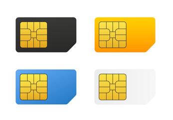 Four SIM cards black, white, blue, yellow. Mobile phone icon microcircuit. Sim Card isolated 3d gsm design. Vector illustration - obrazy, fototapety, plakaty