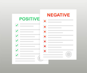 Positive and negative result. A sheet of paper with a seal. Documents with a tick and a cross. Stamps of negative and positive results on a white background. Vector illustration