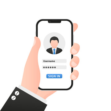 Sign in to online account on smartphone app. User interface. Secure login and password. Hand holding mobile smart phone with log in app. Modern concept for web banners. Vector illustration