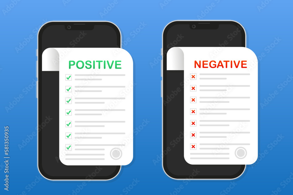 Poster positive and negative result on a smartphone. a sheet of paper with a seal. documents with a tick an