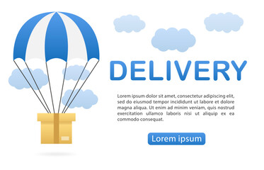 Parachute gift box package aerial post delivery emblem icon . 3d colorful parachute and a real box. Delivery concept. Delivery service. Parachute with a parcel in the sky. Vector illustration