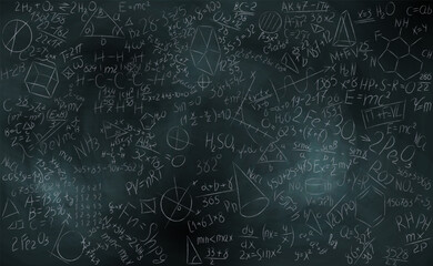 Formulas written on the blackboard. Vector illustration of a set of technical formulas handwritten on a blackboard. Sketch for creativity.