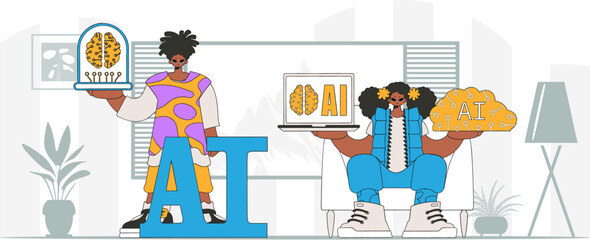 Fototapeta premium ﻿AI team of a man & woman in a fashionable style - vector illustration.