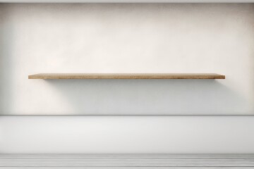 Background of a wooden shelf above a white concrete wall. Generative AI