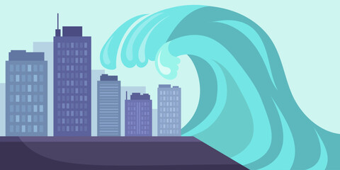 Tsunami heading towards city vector illustration. Big wave hitting coast with skyscrapers. Storm caused by climate change. Tsunami, natural disaster, global warming, cataclysm concept