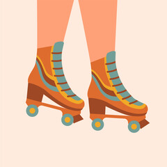 Woman legs in roller skates. Sport and disco concept. Retro poster, banner in 70s and 80s style. Vector illustration.