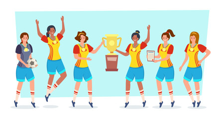 Football team winning competition vector illustration. Happy female soccer players holding golden cup, smiling, celebrating victory. Women's football, competition, sports, feminism concept