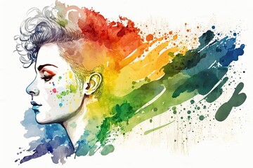 A minimalist watercolor painting of the joyful face of a Caucasian woman who identifies as lesbian, with a rainbow flag depicted in an abstract style, Generative AI