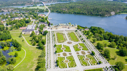 Stockholm, Sweden - June 23, 2019: Drottningholm. Drottningholms Slott. Well-preserved royal residence with a Chinese pavilion, theater and gardens, From Drone