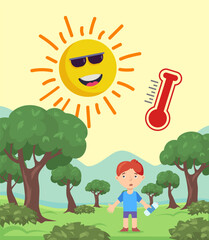Boy hiking in forest vector illustration. Frustrated young man with bottle of water under hot sun and red thermometer. Hot weather, high temperature, climate change, global warming concept