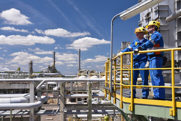 group of industrial workers in a refinery - oil processing equipment and machinery - 581351799