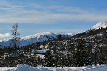 Fototapeta na wymiar winter village wonder land sunny hornindal norway scandinavia