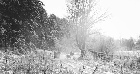 Re-enactors Dressed As World War II German Wehrmacht Infantry Soldiers Driving Old Tricar, Three-wheeled Motorcycle in Winter Snowy Forest.