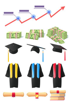 Tuition fee rise vector illustrations set. Diagram of rising prices, piles of money, diplomas, graduation gowns and caps isolated on white background. Rising inflation, crisis, education concept