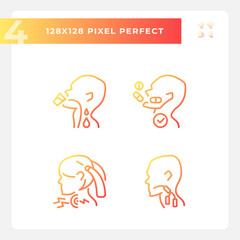 Throat sickness pixel perfect gradient linear vector icons set. Children and adults diseases treatment. Thin line contour symbol designs bundle. Isolated outline illustrations collection