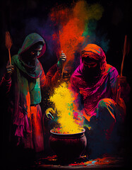 Fototapeta na wymiar Illustration of pepople on Holi festival, ai generated image