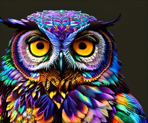 Portrait of a colorful Owl on black background. Digital illustration. Generative AI.