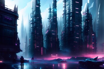 Futuristic city in neon light, cyberpunk art, Generative AI.