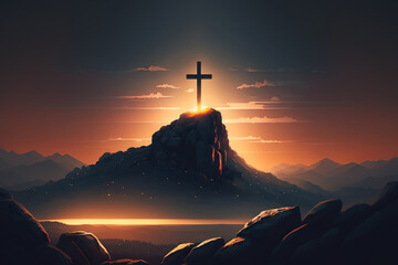 Naklejka na ściany i meble Silhouette of a holy symbol of faith and hope. Sacred ancient religious cross on the mountain at sunset. Generative ai illustration