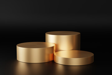 modern golden product stage display , 3D render podium, black background, empty presentation round stand mockup 