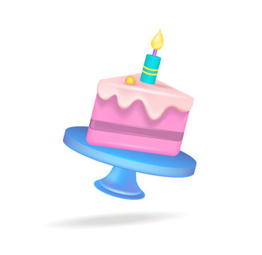 3D vector icon, a piece of birthday cake with candles and decorations.
 Festive food. Pastel color, cartoon icon of creative design on an isolated white background.