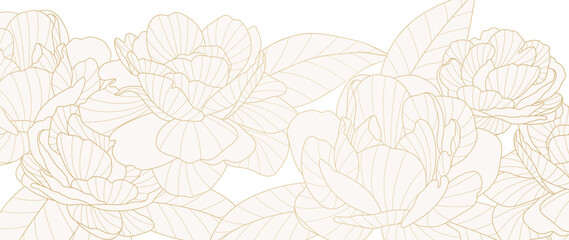 Luxury golden peony flower line art background vector. Natural botanical elegant flower with gold line art. Design illustration for decoration, wall decor, wallpaper, cover, banner, poster, card. - obrazy, fototapety, plakaty