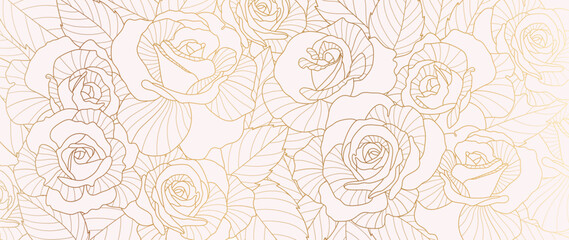 Luxury golden rose flower line art background vector. Natural botanical elegant flower with gold line art. Design illustration for decoration, wall decor, wallpaper, cover, banner, poster, card. - obrazy, fototapety, plakaty