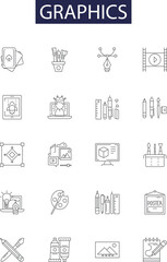 Graphics line vector icons and signs. Design, Art, Vector, Rendering, Imaging, Illustration, Modeling, Shapes outline vector illustration set