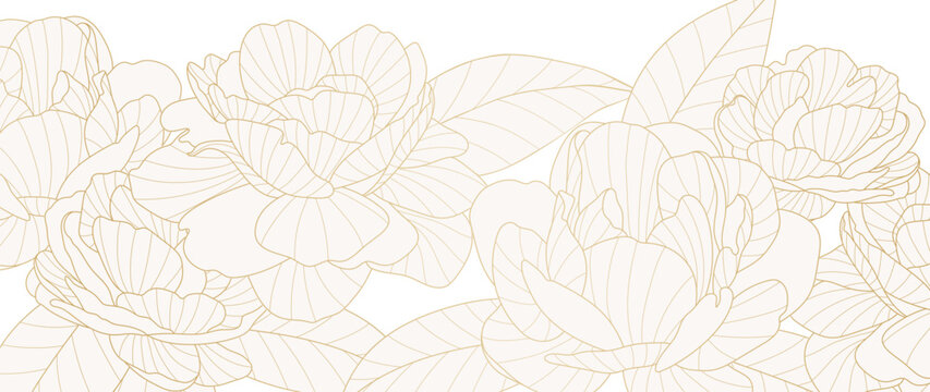 Luxury golden peony flower line art background vector. Natural botanical elegant flower with gold line art. Design illustration for decoration, wall decor, wallpaper, cover, banner, poster, card.