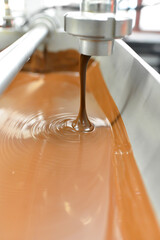 Production of pralines in a factory for the food industry - automatic conveyor belt with chocolate