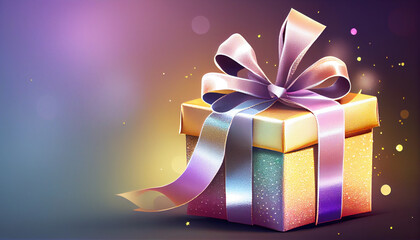 Festive background with a gift, ribbons and glitters, image ai generated