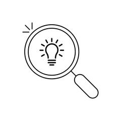 black thin line magnifying glass with bulb inside. flat linear simple trend modern visionery logotype stroke design isolated on white. concept of suggest simplicity or survey and studying process