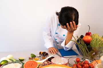 Female chef overwhelmed by problems that arise in the kitchen of her restaurant