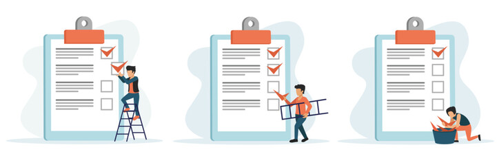 Work planning and time management concept with people. People check off completed items on to do list. Cartoon characters making notes. Vector illustration