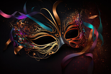 A masquerade disguise with shiny streamers on an abstract background. AI