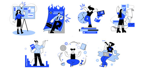 Set of colored cartoon characters organizing their time. Good business process. People doing different tasks and activities. Time management efficiency. Vector